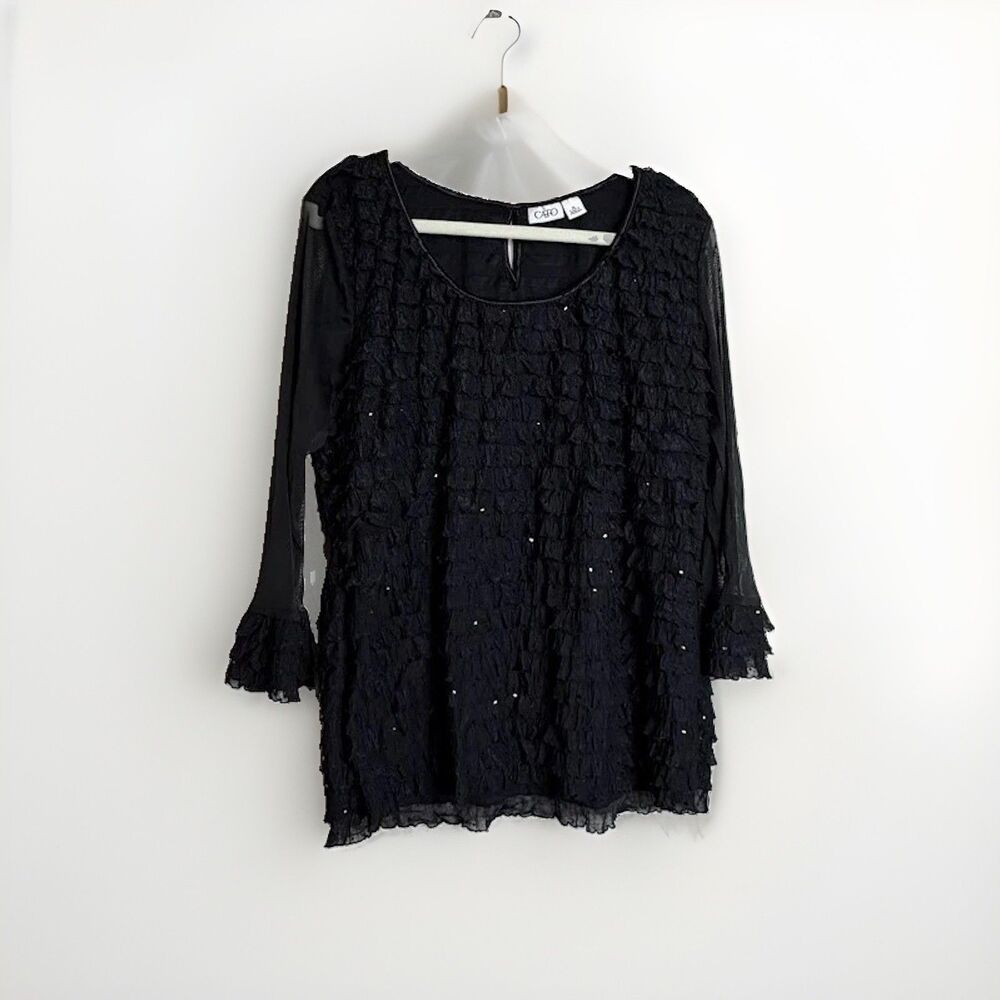 Cato Black Sheer Long Sleeve Sequin Ruffle Top Blouse Size XL Pullover